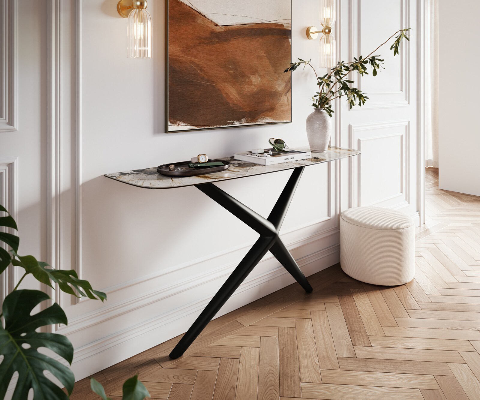 Consoletafel Edge Bootvorm 140x40 cm Keramiek Patagonia Poliert Estelo Metaal Zwart 1