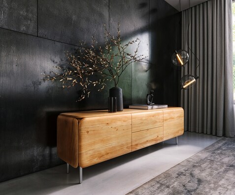 TV-meubel Shavani 175 cm acacia natuur 2 deuren 2 lades ronde voet RVS zilver
