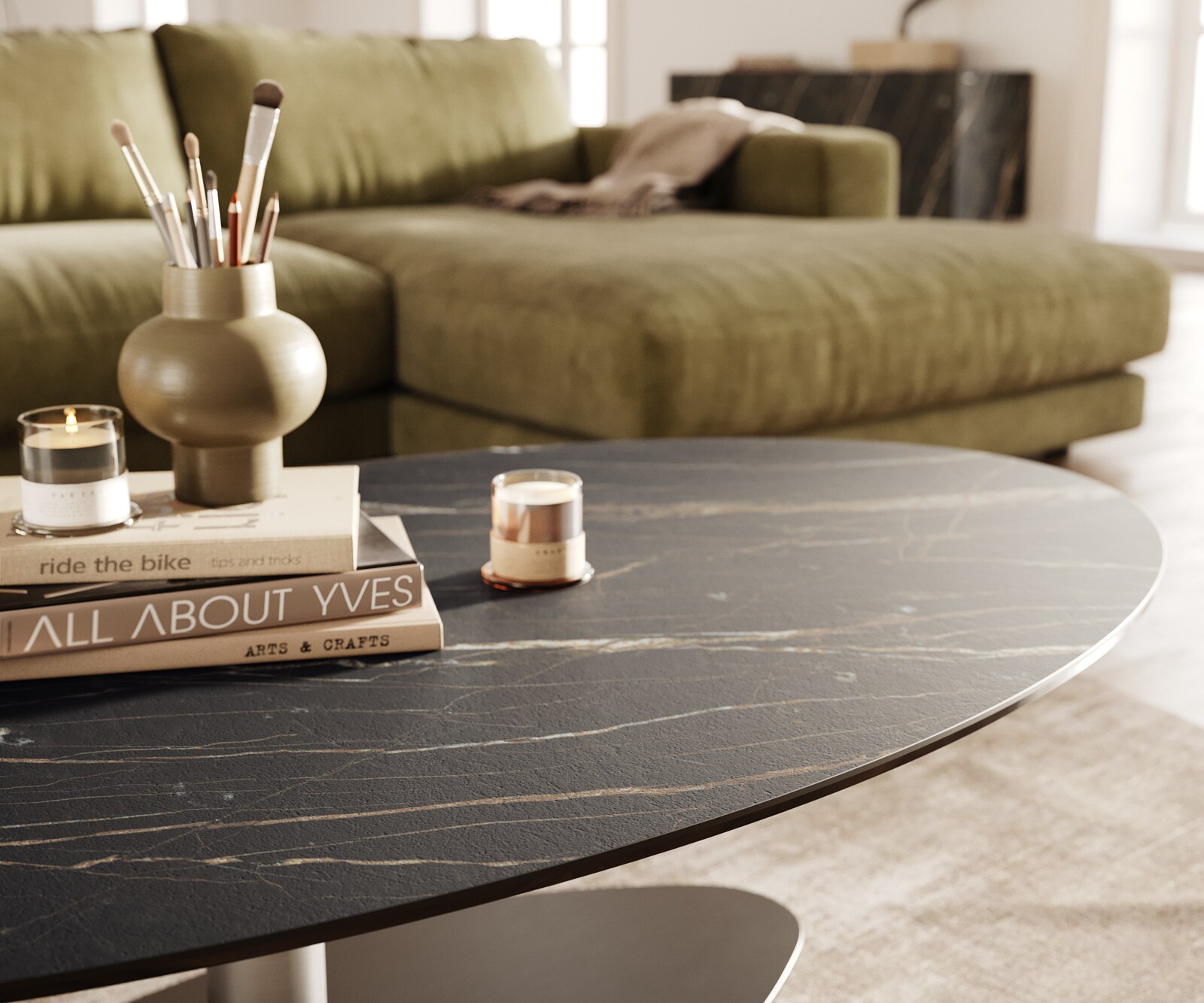 Salontafel Edge Oval 140x80 cm keramiek Laminam® Noir Desir bruin Vibany geborsteld roestvrij staal 6