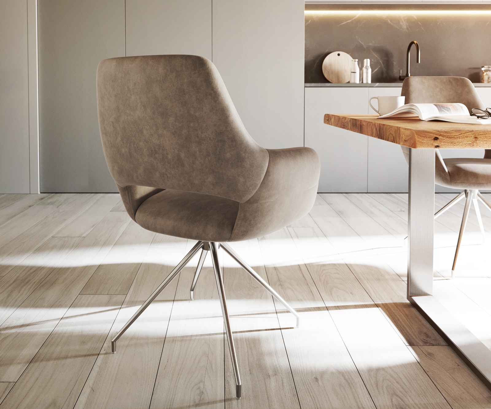 Eetkamerstoel Yago-Flex met armleuning microvelours taupe vintage kruisframe conisch roestvrij staal pocketveer kern 4 Eetkamerstoel Yago-Flex met armleuning microvelours taupe vintage kruisframe conisch roestvrij staal pocketveer kern 4