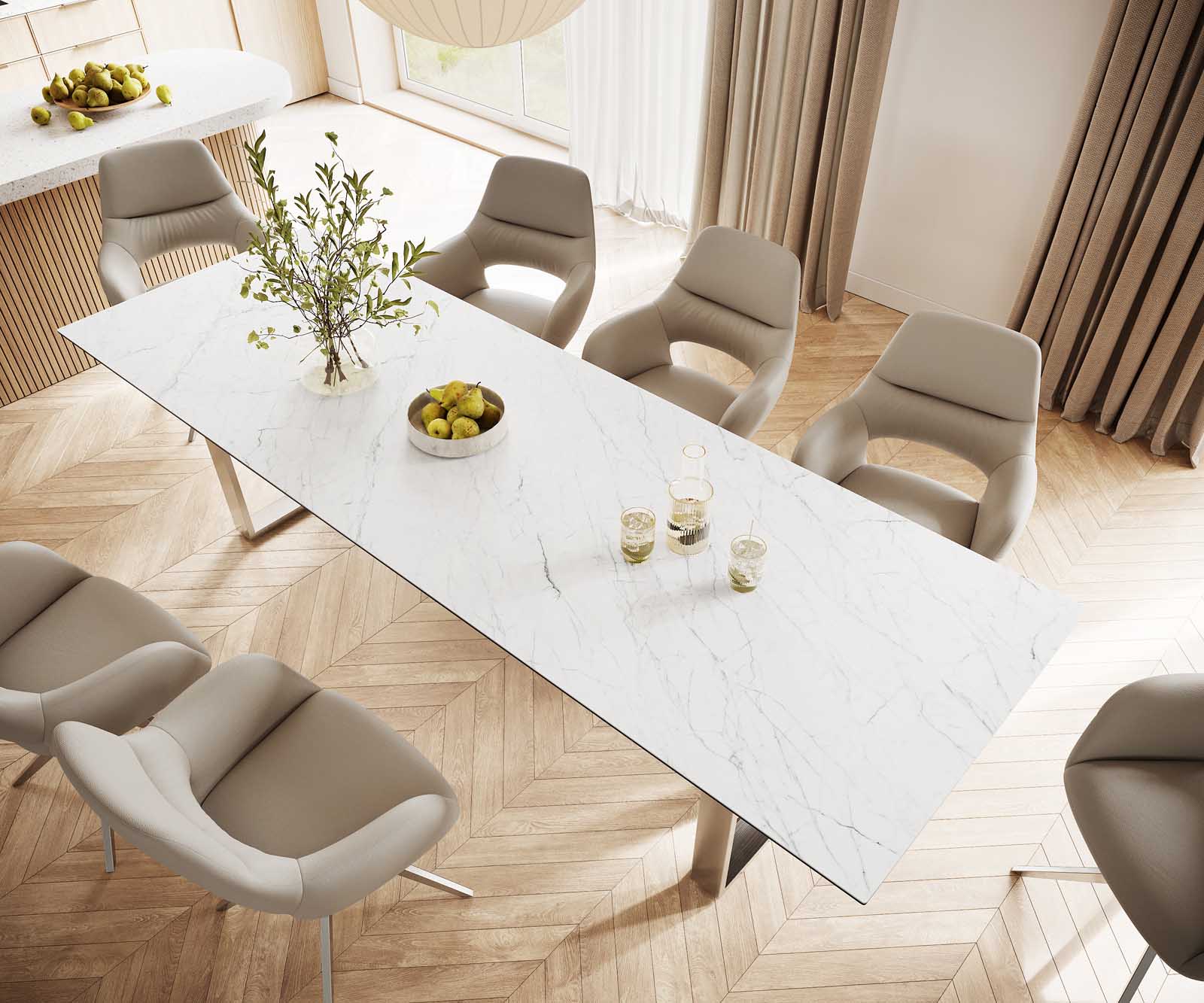 Eettafel Edge 300x100 keramiek Laminam® Statuarietto wit roestvrij staal smal 3
