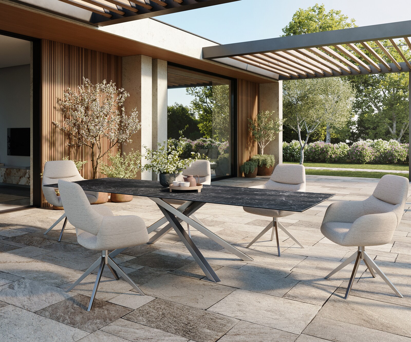 Outdoortafel Edge 300x100 cm keramiek Laminam® Nero Greco antraciet kruispoot rechthoekig roestvrij staal 5