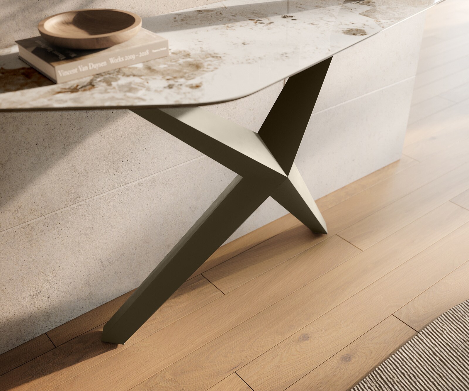 Consoletafel Edge Polygonaal 140x50 cm Keramiek Minas Melange Weiß-Beige Zentharo Metaal Effektfinish Titan 6