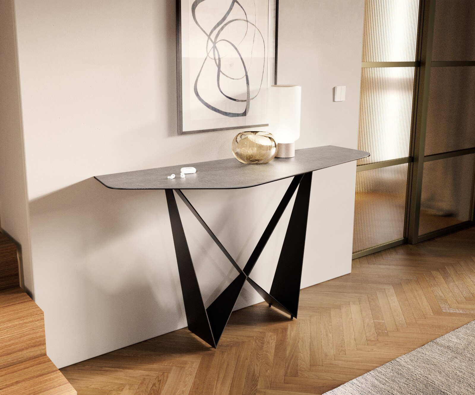Consoletafel Edge Polygonaal 140x50 cm Keramiek Betongrijs Livos Metaal Zwart 3