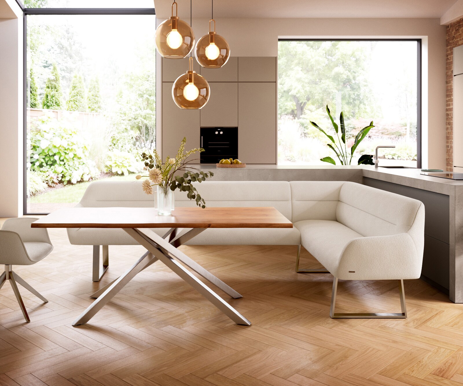 Eetkamerbank Taya-Flex 285x190 cm bouclé crème-wit gekant sledeframe roestvrij staal pocketvering rechts 1