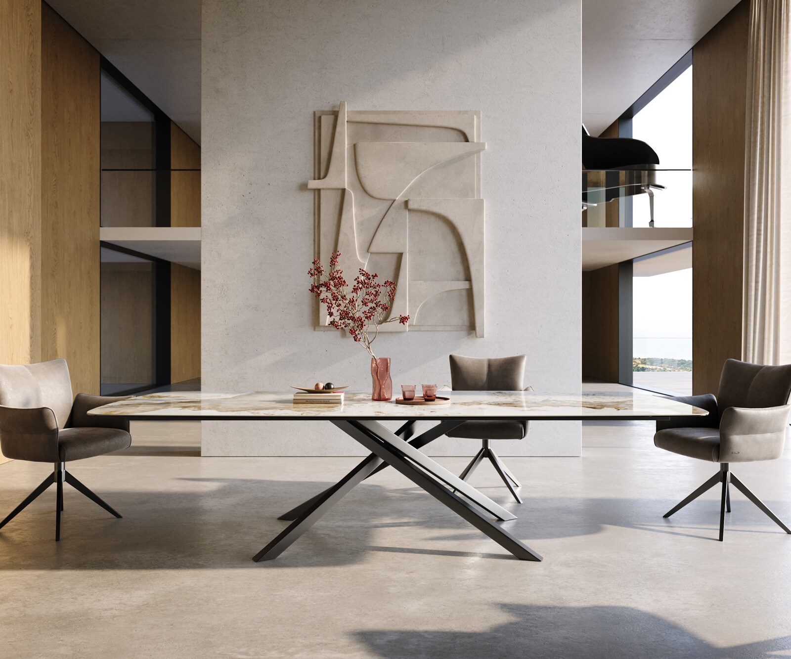Eettafel Edge Boot 300x120 cm Keramiek Minas Melange Wit-Beige kruisonderstel Rechthoek Roestvrij staal Grafiet 2