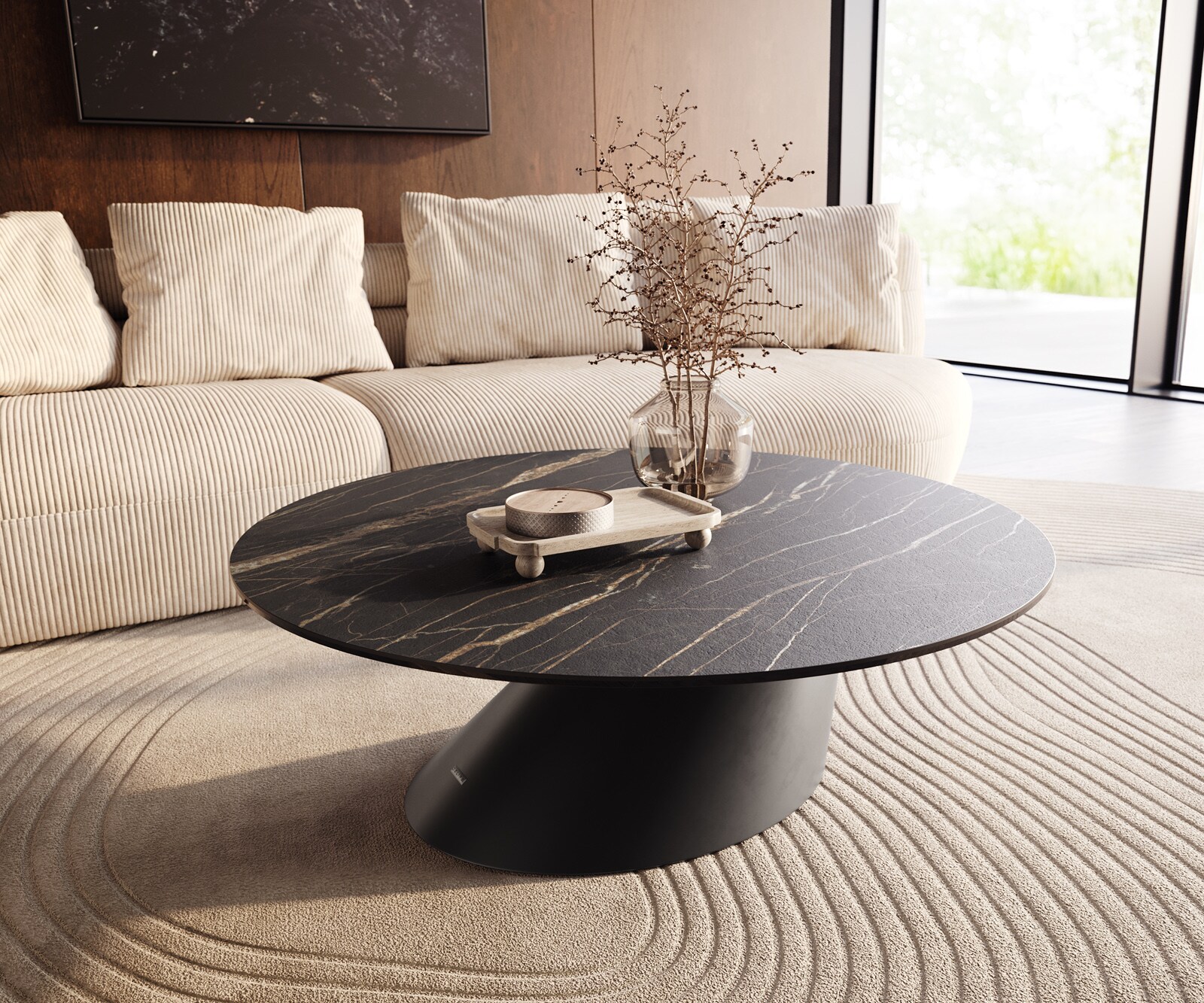 Salontafel Edge rond 100x100 cm keramiek Laminam® Noir Desir bruin Conis zwart metaal 1