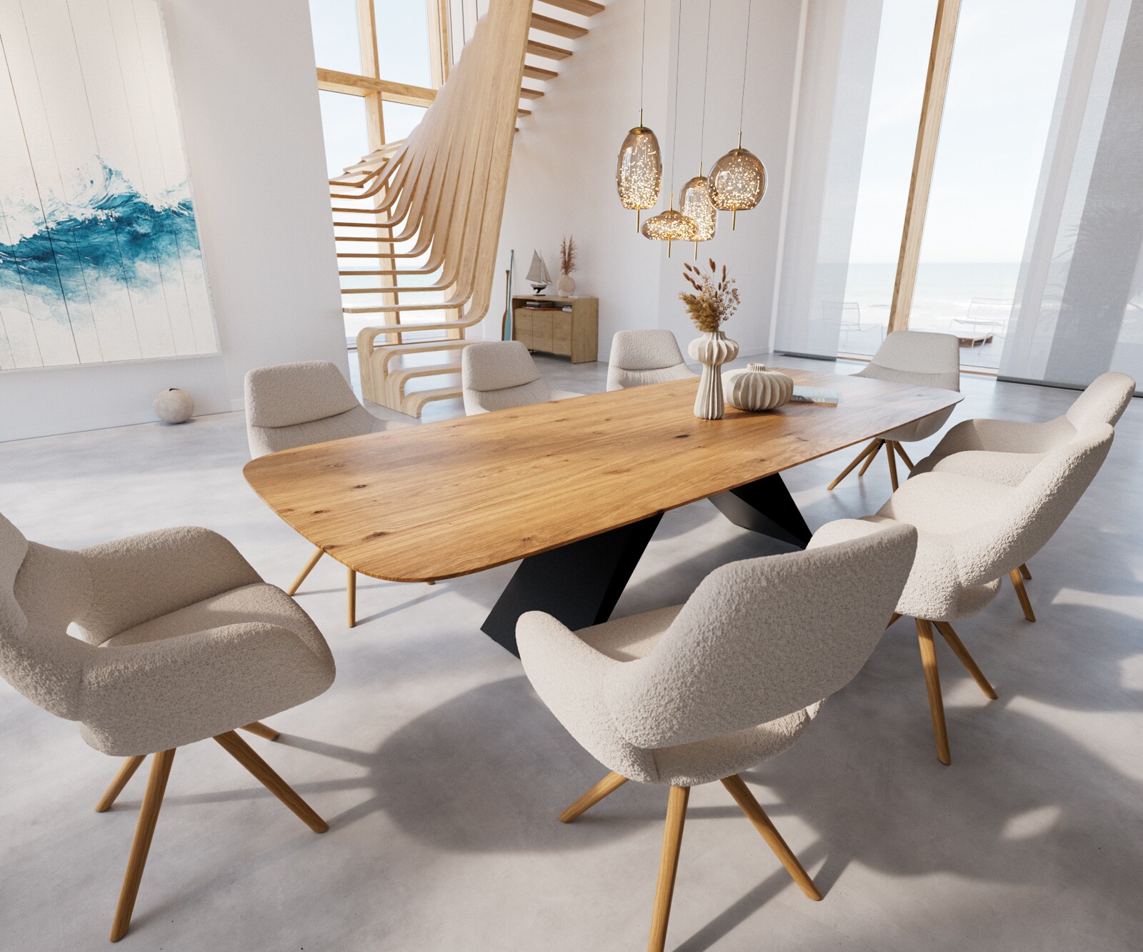 Eettafel Edge Boot 300x120x3-3,2 eiken natuur V-frame staal  zwart  Schweizer Kante 5