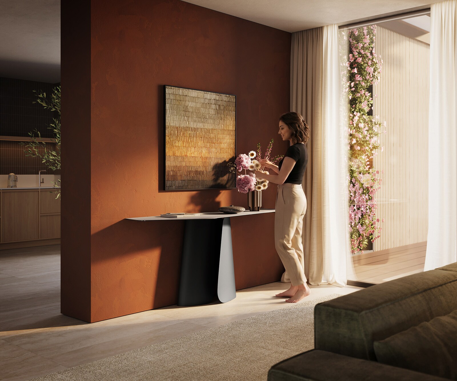 Consoletafel Edge Polygonaal 180x50 cm Keramiek Laminam® Travertino Bianco Creme-Weiß Livos Metaal Zwart 7