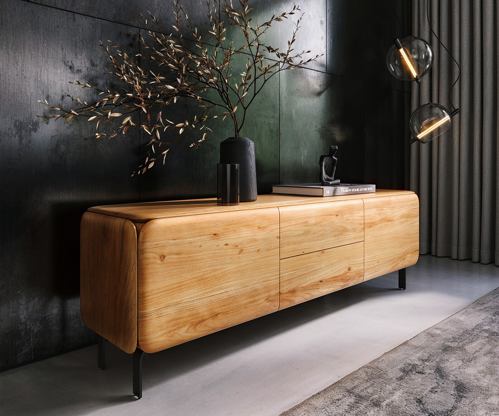 TV-meubel Shavani 175 cm acacia natuur 2 deuren 2 lades L-poot metaal zwart