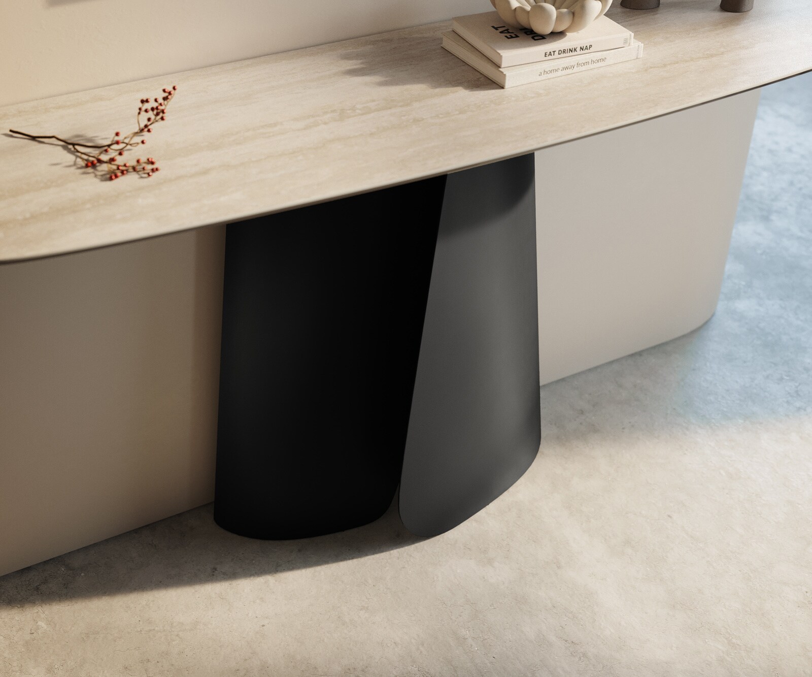 Consoletafel Edge Bootvorm 140x40 cm Keramiek Laminam® Travertino Bianco Creme-Weiß Livos Metaal Zwart 6