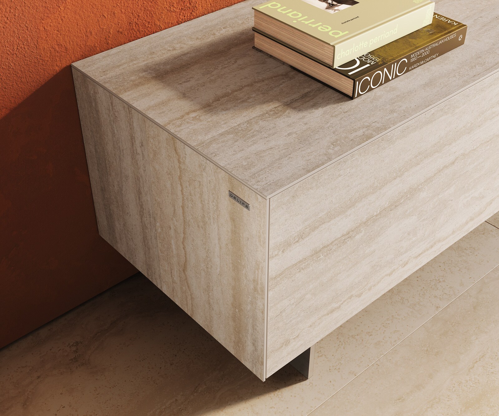 Tv-meubel Cuor 220 cm Keramiek Laminam® Travertino Bianco Crème-wit 1 Flap 2 Laden Zwevende voet look Roestvrij staal 6