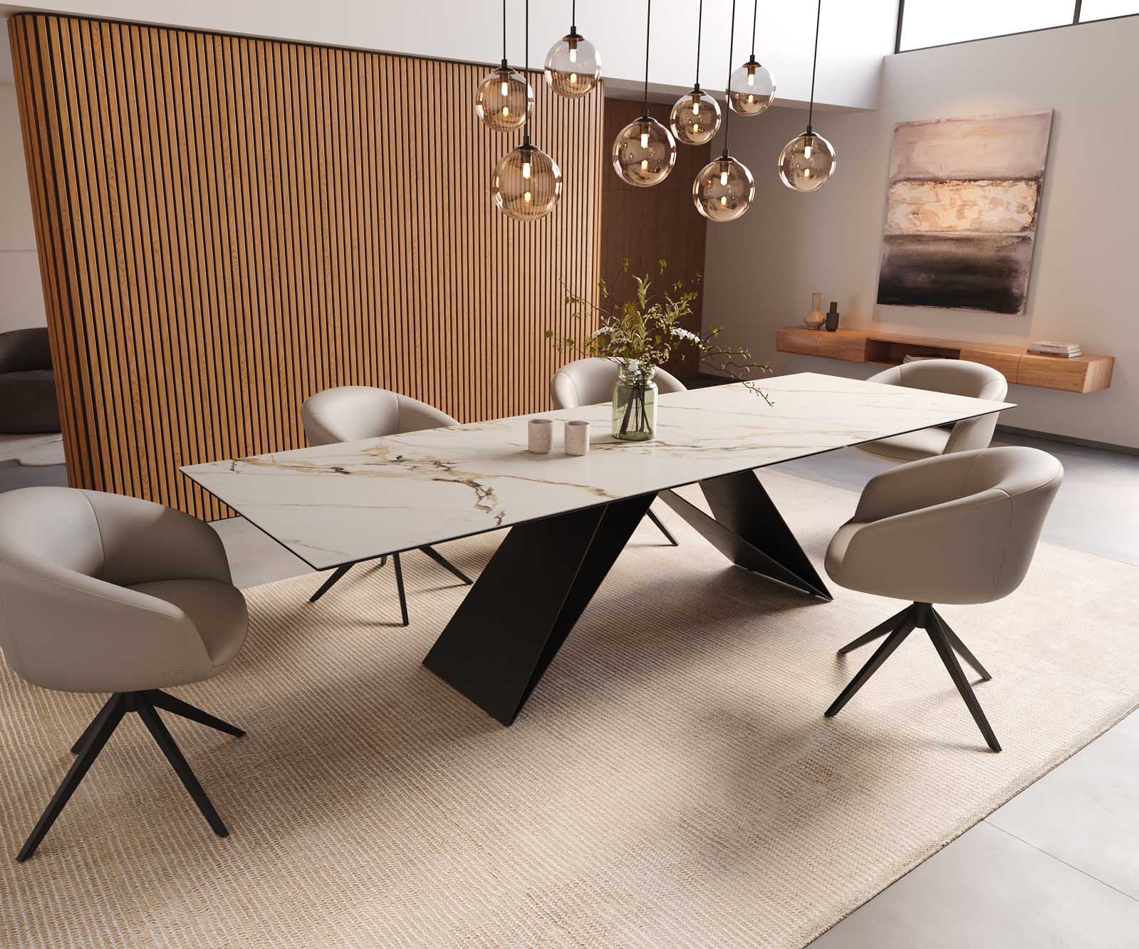 Eetkamertafel Edge 300x100 keramiek Calacatta Luxe wit-goud-grijs V-frame vlak staal zwart 8