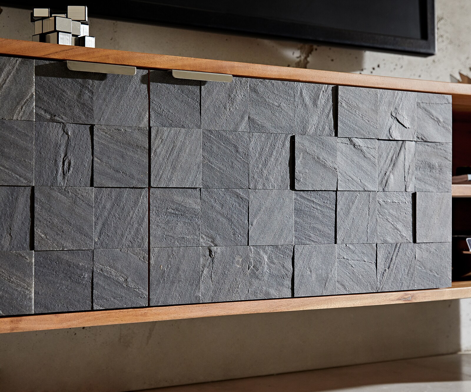 TV-meubel Teele 160 cm acacia natuur leisteen 2 deuren poot zwevend roestvrij staal 5