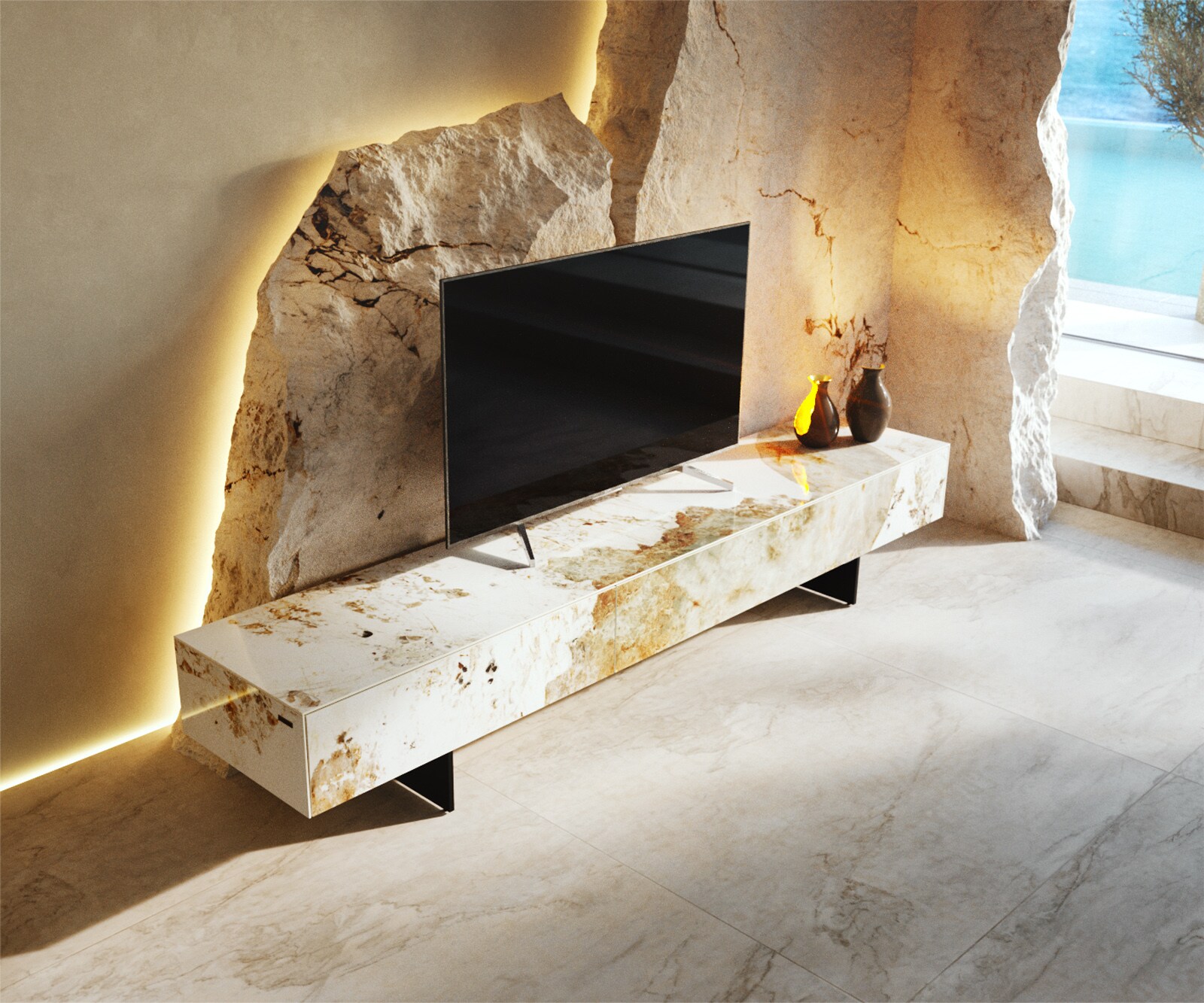 Tv-meubel Cuor 200 cm Keramiek Minas Melange Wit-beige 1 Flap 1 Lade Zwevende voet look Metaal Zwart 3