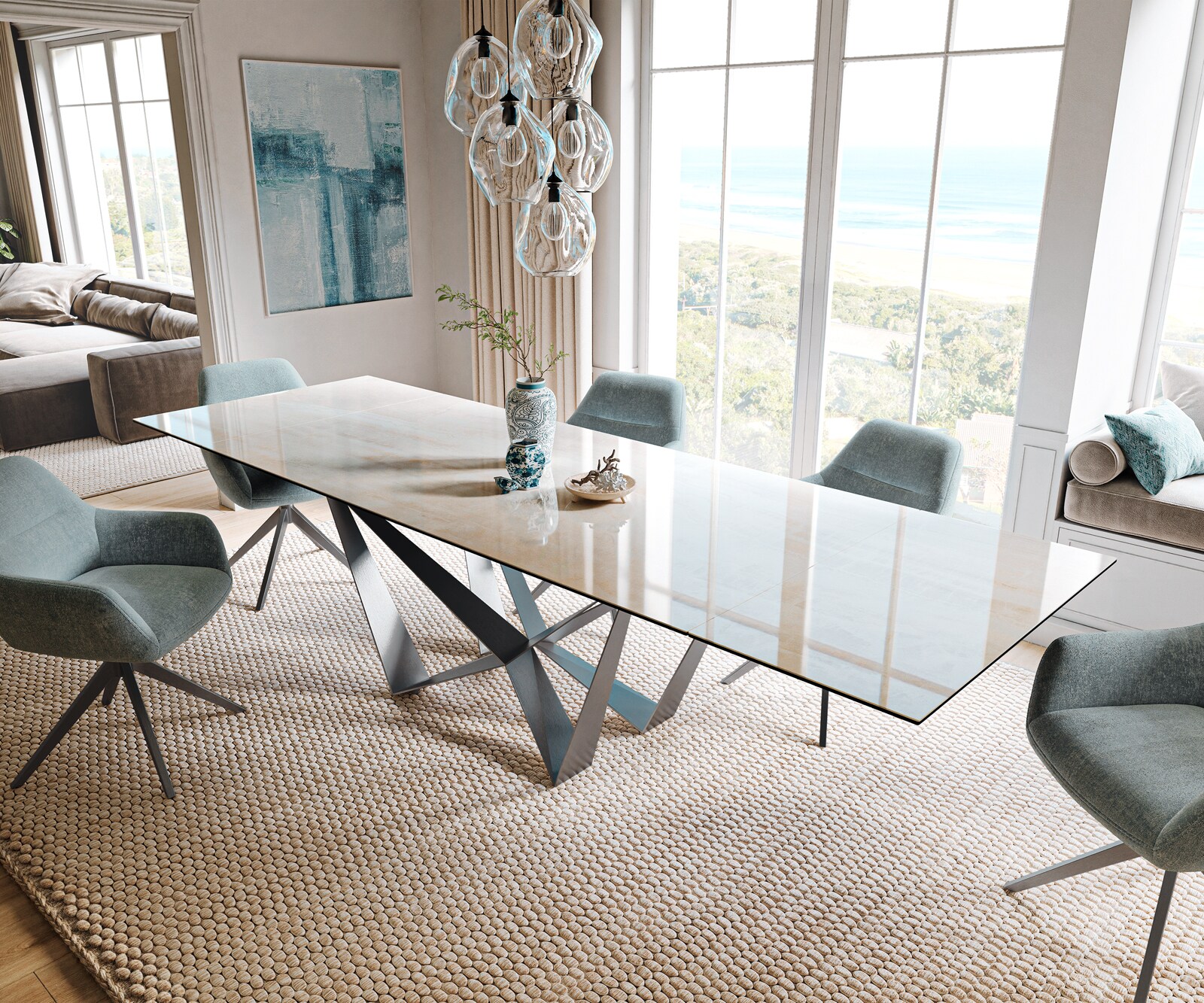 Eettafel Edge 200-300x100 cm keramiek Onyx Champagne Spider plat staal roestvrij staal grafiet uittrekbaar 1