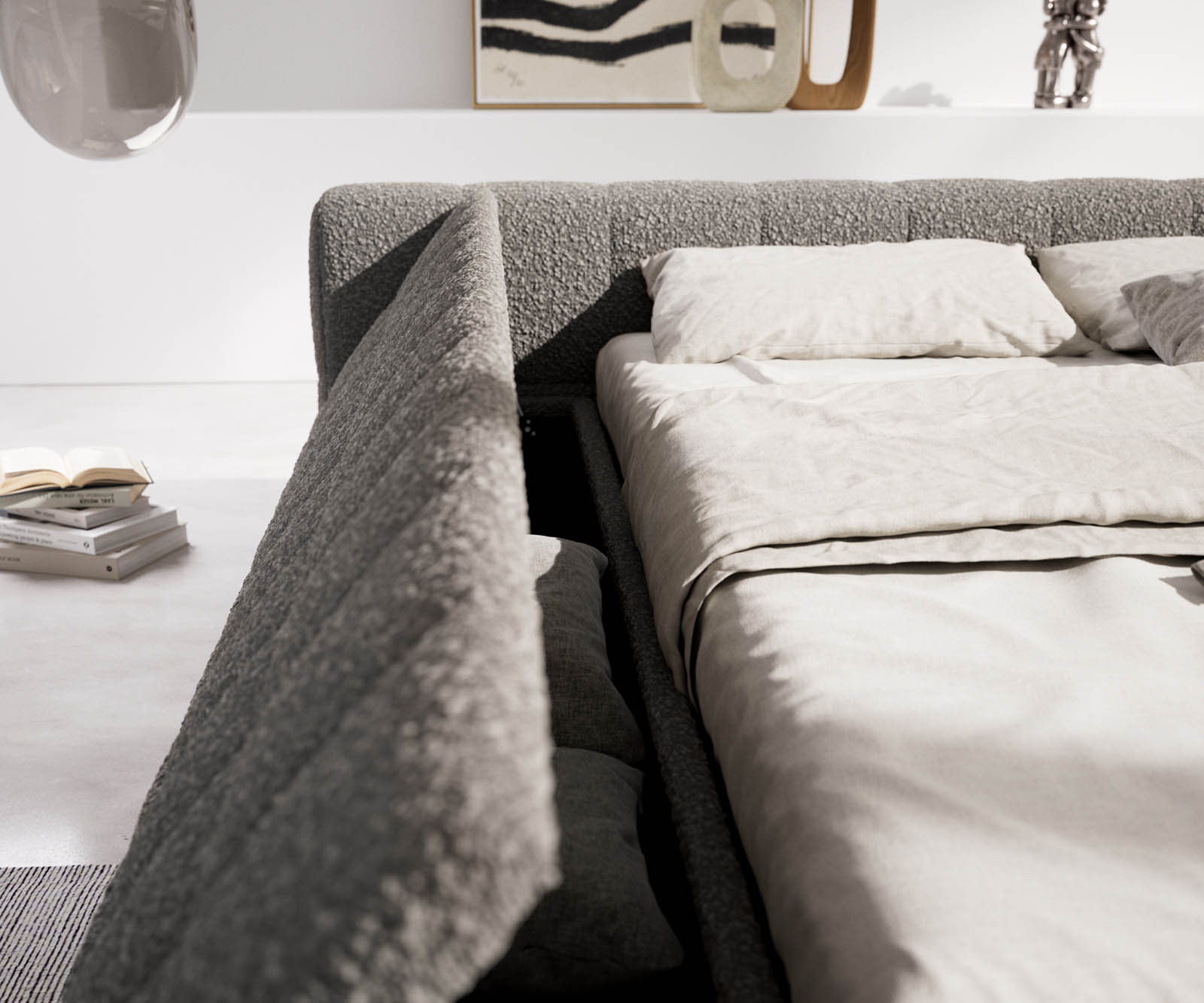 Gestoffeerd bed Espazio Bouclé 140x200 cm zilvergrijs met opbergruimte 6