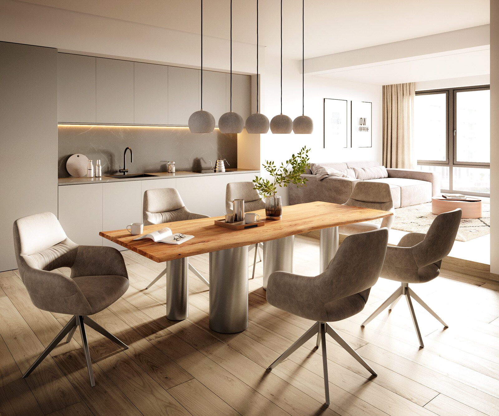 Eetkamertafel Edge 260x100 acacia natuurPilier roestvrij staal geborsteld Live-Edge 4