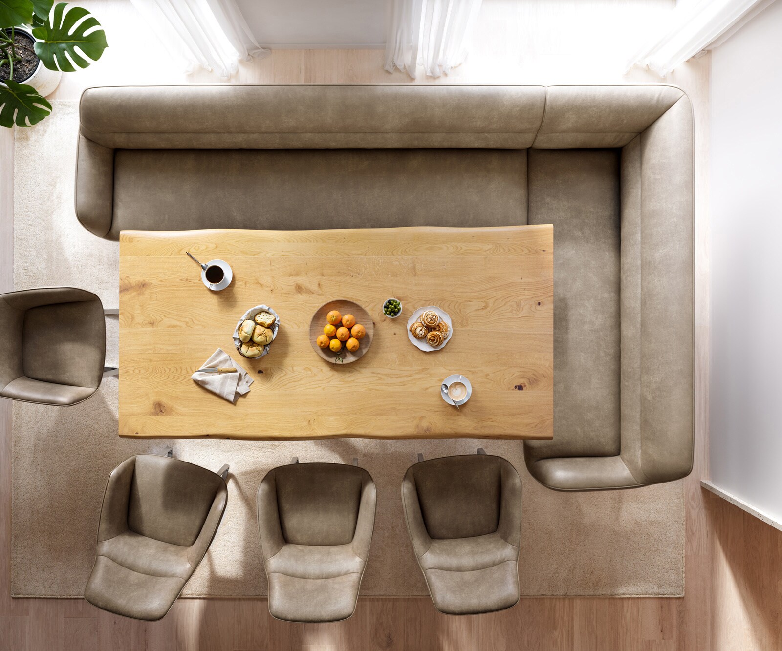 Eetkamerbank Taya-Flex 285x190 cm microvelours beige vintage hoekig kruisframe roestvrij staal pocketvering rechts 5
