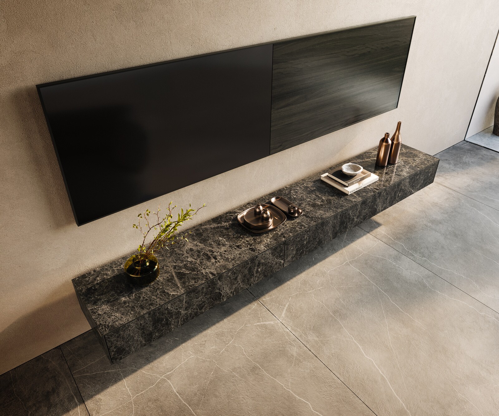 Tv-meubel Cuor 250 cm Keramiek Laminam® Emperador Extra Lucidato Donkerbruin 1 Flap 1 Lade Zwevend 4