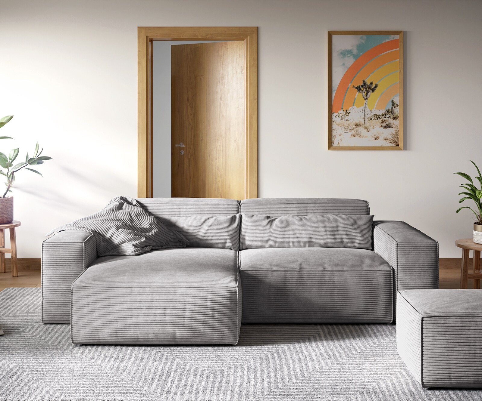 Hoekbank Sirpio XL 270x170 cm koord zilvergrijs recamiere variabel met kruk 1
