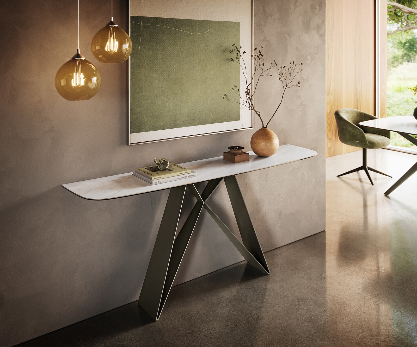 Consoletafel Edge Bootvorm 180x40 cm Keramiek Onyx Pearl Velio Metaal Effektfinish Titan 4