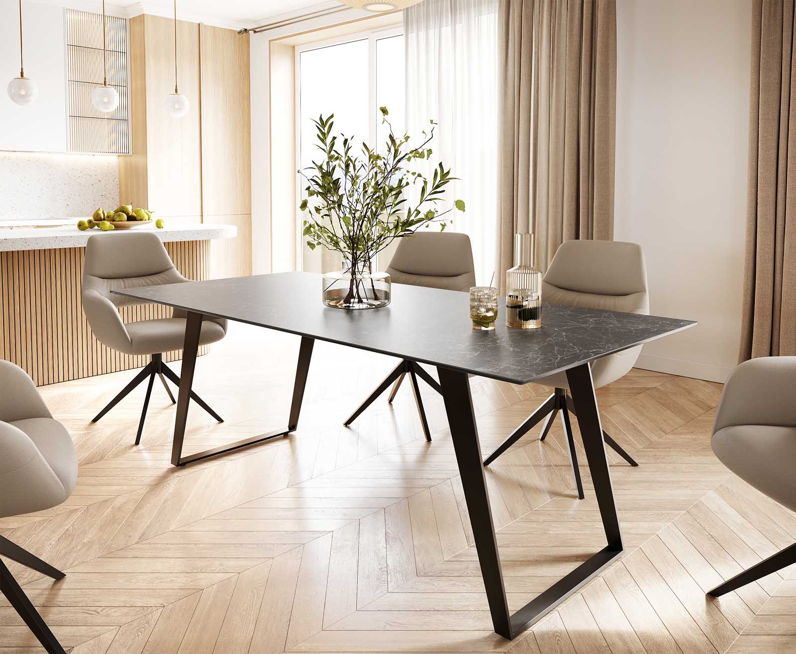 Eettafel Edge 200x100 keramiek Laminam® Nero Greco grijs metaal schuin zwart