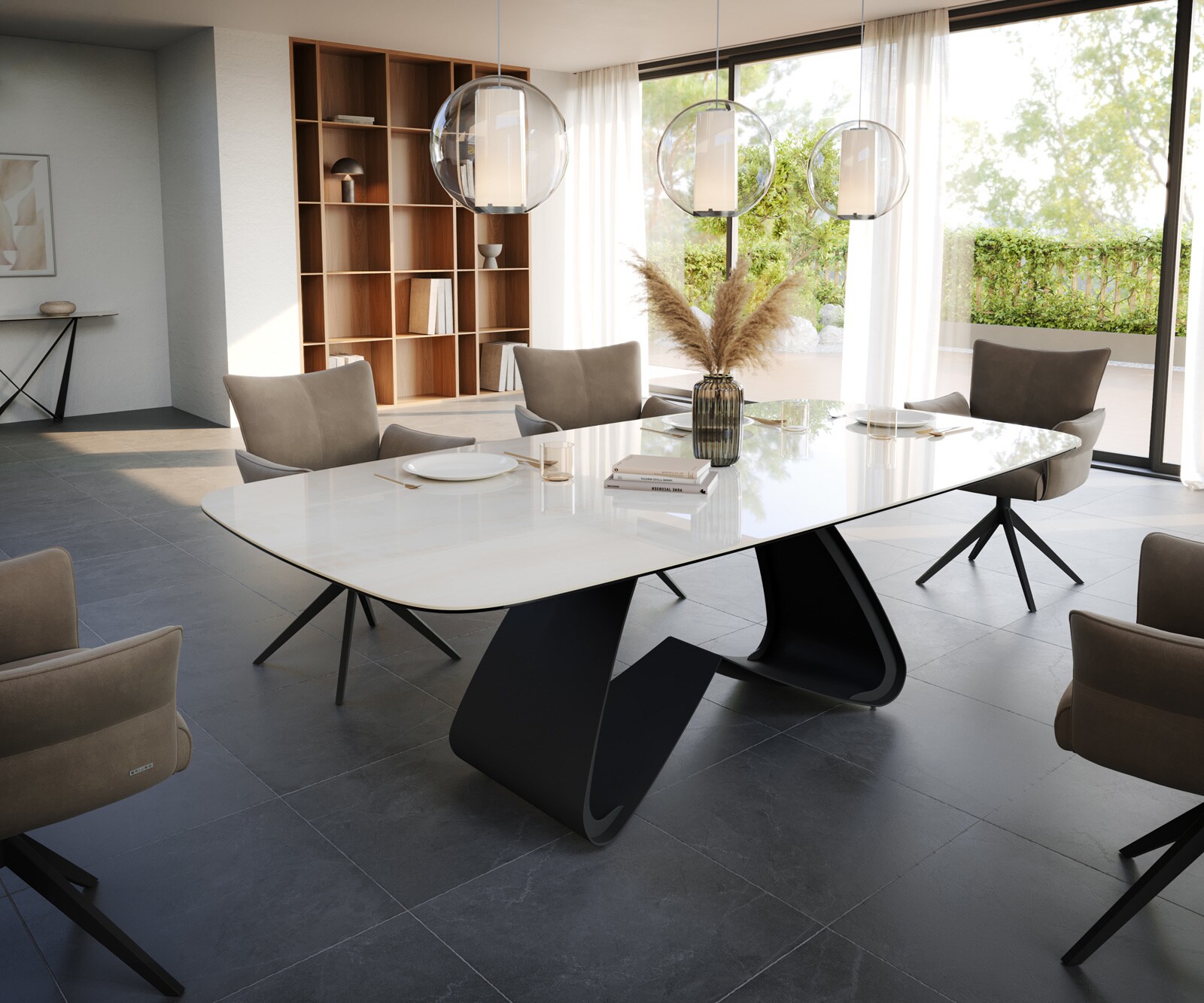Eettafel Edge Boot 240x120 cm Keramiek Onyx Champagne W-onderstel Metaal Zwart 1