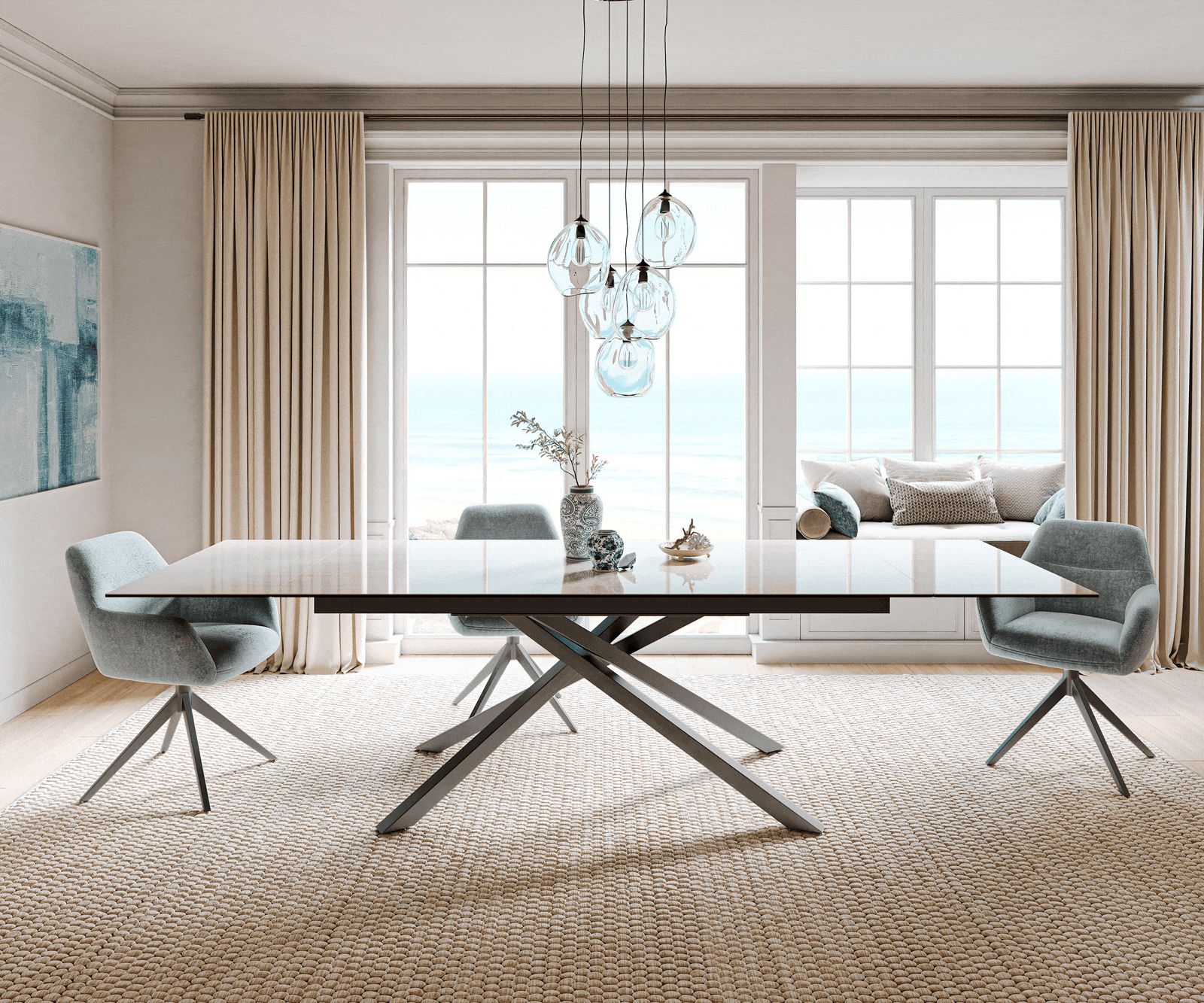 Eettafel Edge 200-300x100 cm keramiek Onyx Champagne kruisframe rechthoek roestvrij staal grafiet uittrekbaar 1