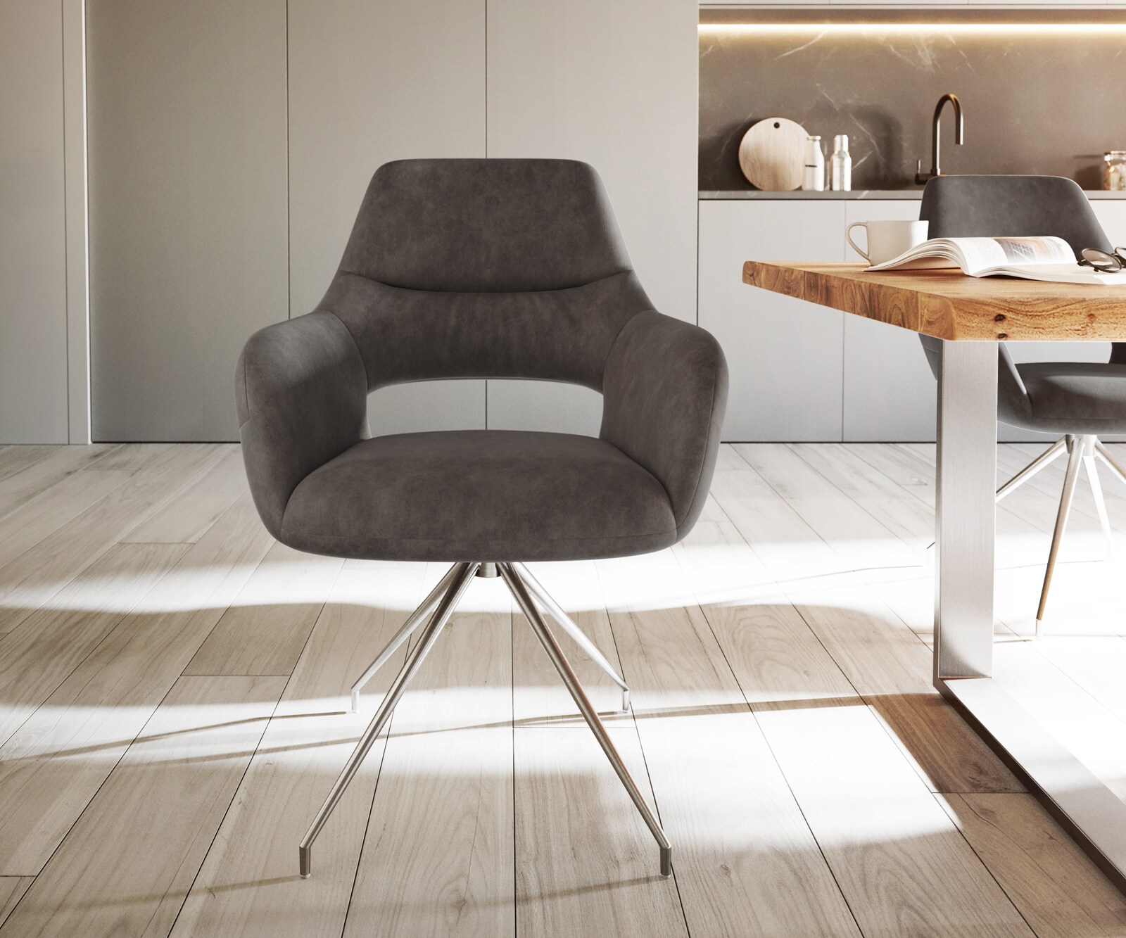 Eetkamerstoel Yago-Flex met armleuning microvelours antraciet vintage kruisframe conisch roestvrij staal pocketveer kern 1 Eetkamerstoel Yago-Flex met armleuning microvelours antraciet vintage kruisframe conisch roestvrij staal pocketveer kern 1