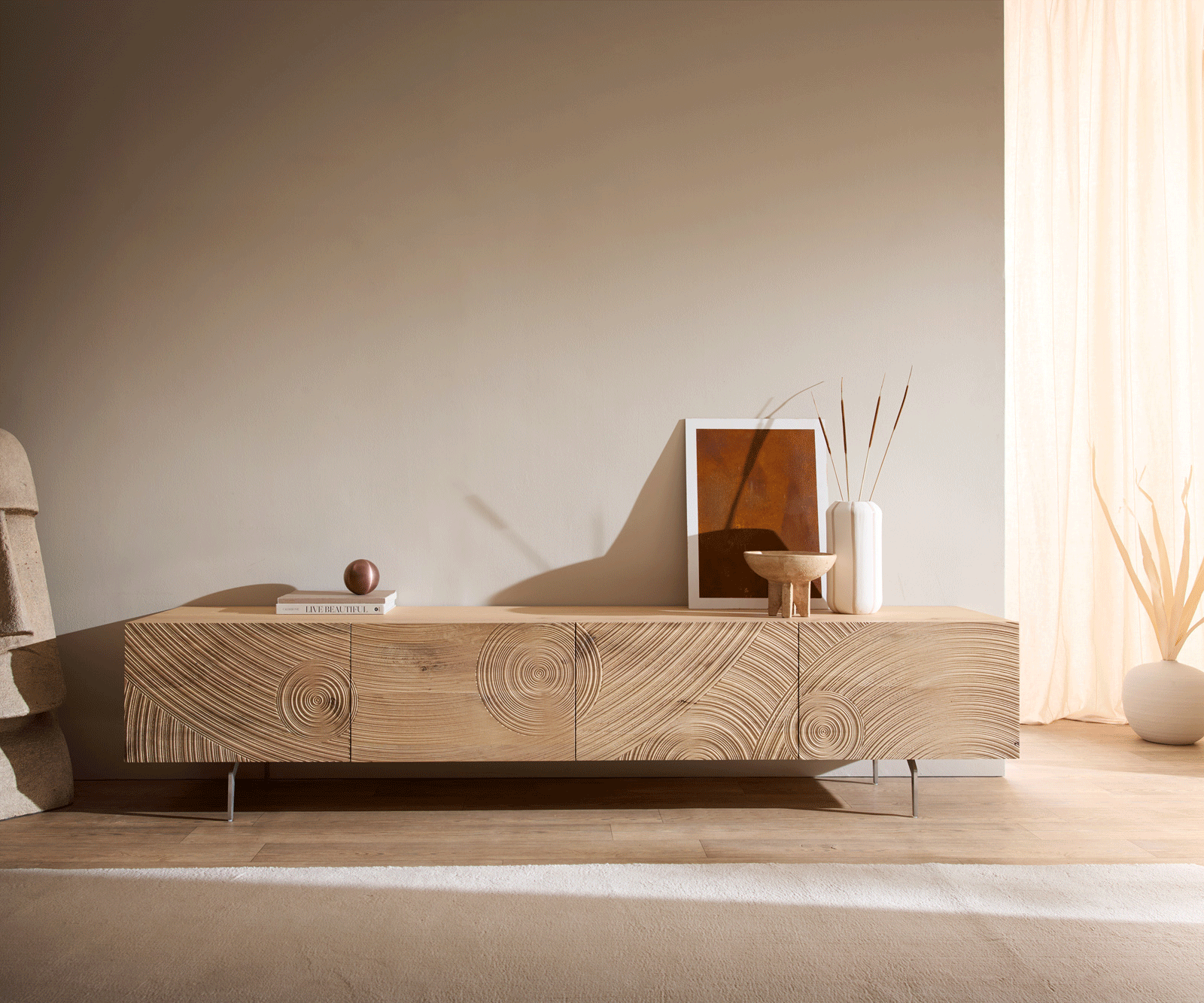 TV-meubel Ashara 220 cm eiken natuur 3D-effect 4 deuren hoekpoot geborsteld RVS 4