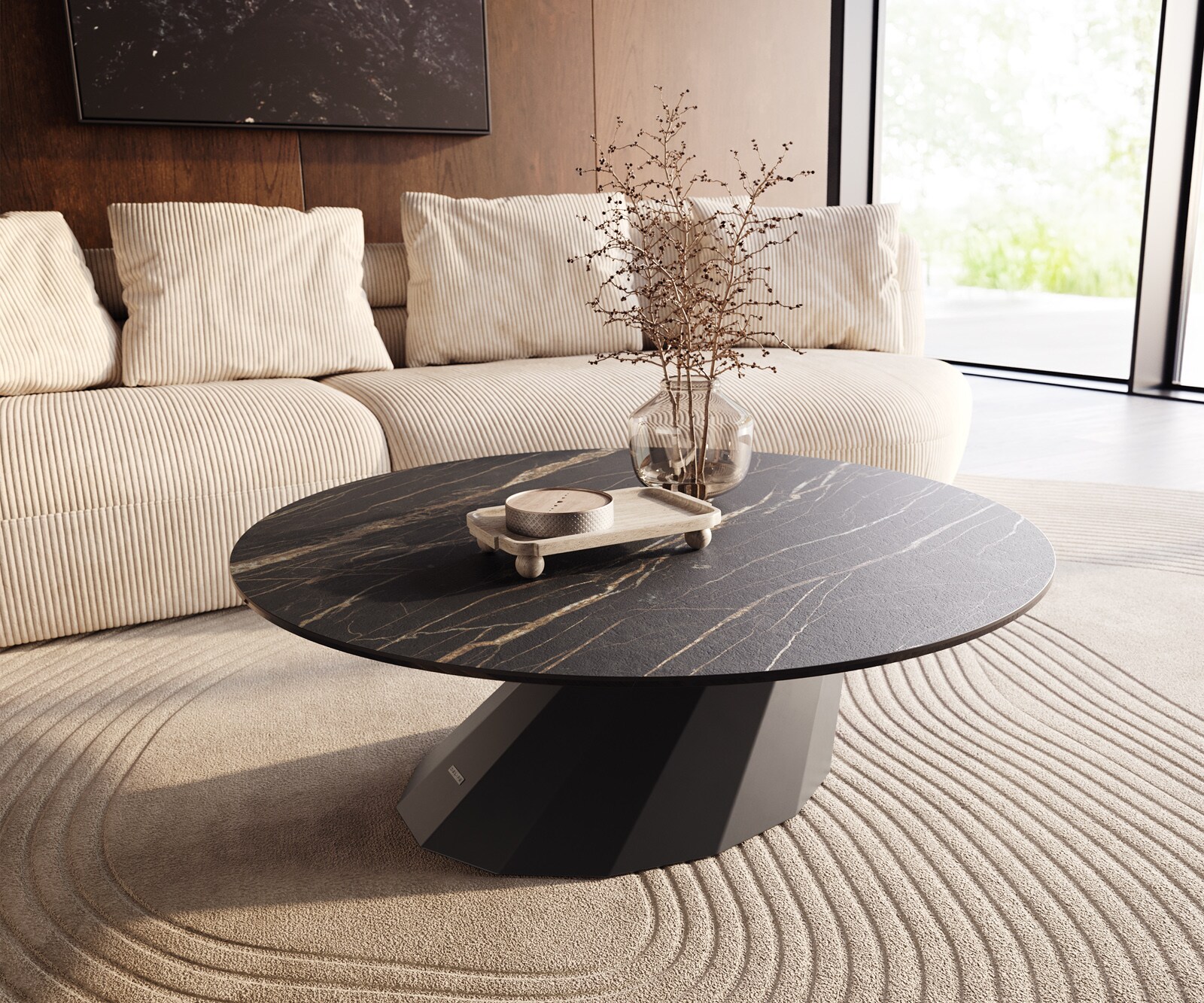 Salontafel Edge rond 100x100 cm keramiek Laminam® Noir Desir bruin Parabi zwart metaal 1