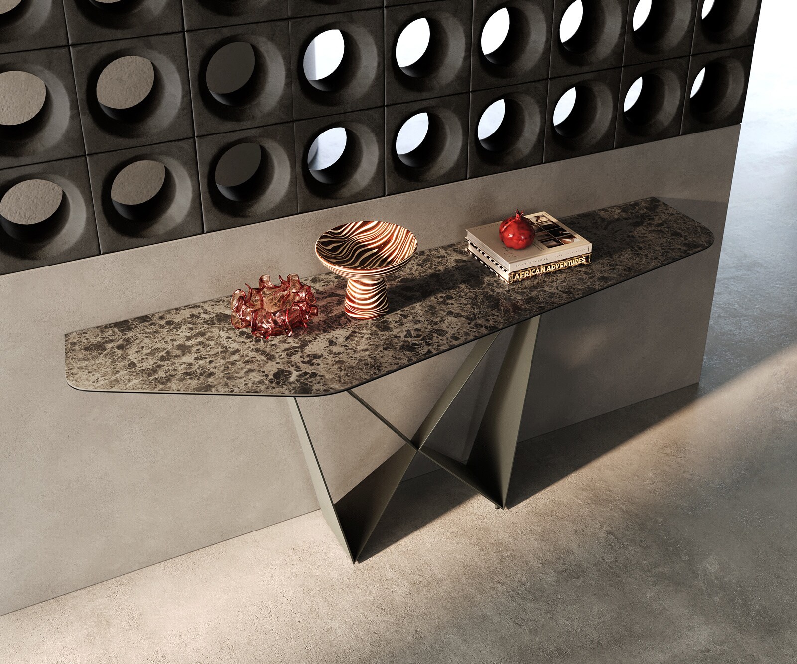 Consoletafel Edge Polygonaal 180x50 cm Keramiek Emperador Extra Lucidato Dunkelbraun Spios Metaal Effektfinish Titan 2