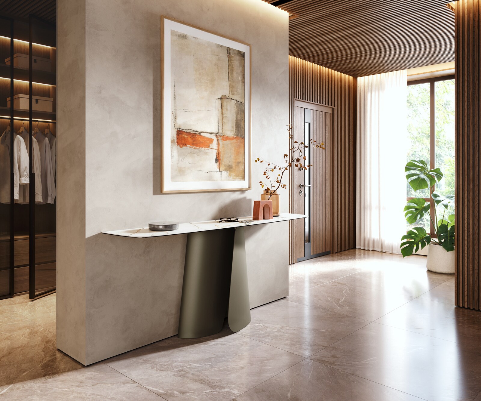 Consoletafel Edge Bootvorm 180x40 cm Keramiek Calacatta Luxe Weiß-Gold-Grijs Livos Metaal Effektfinish Titan 6