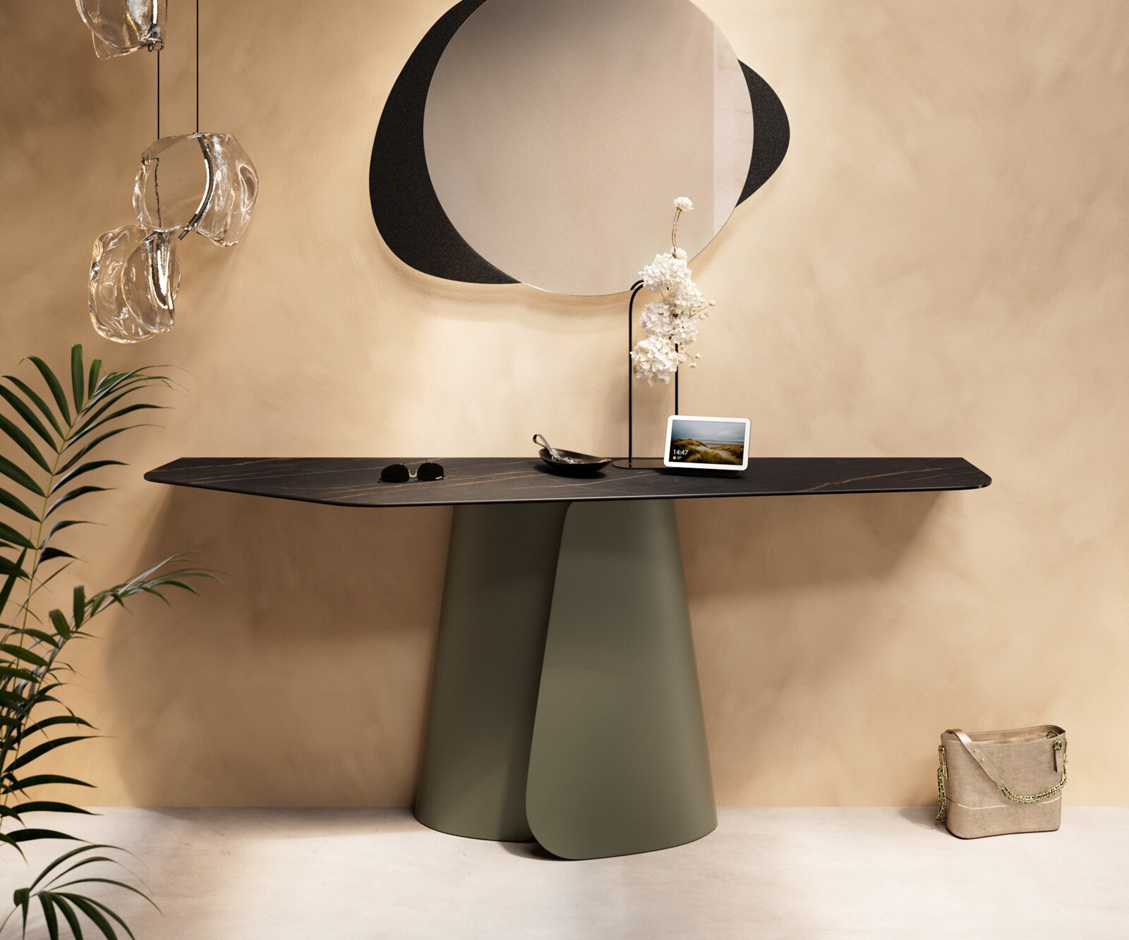 Consoletafel Edge Polygonaal 180x50 cm Keramiek Laminam® Noir Desir Braun Livos Metaal Effektfinish Titan 1