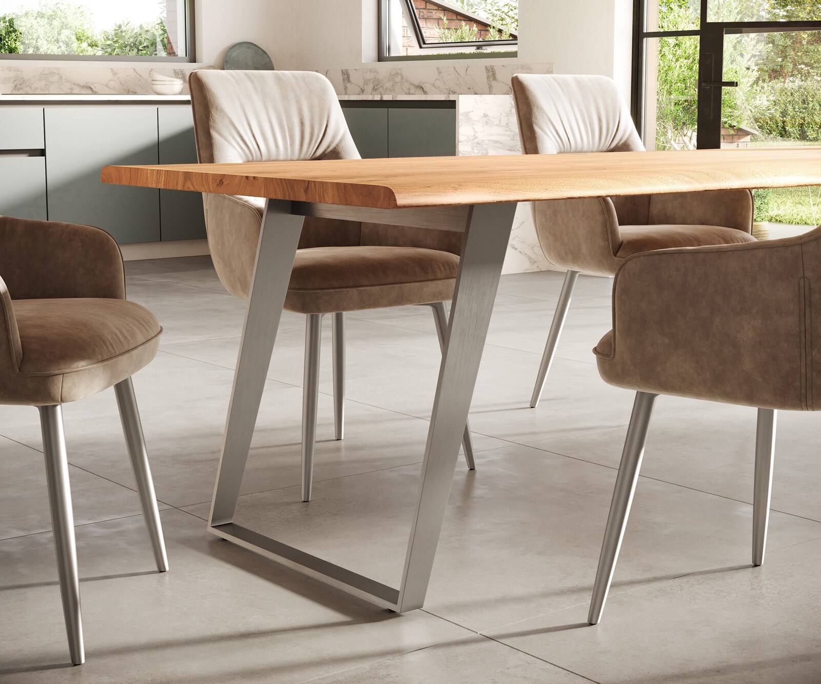 Eettafel Edge 300x100cm acacia natuur roestvrijstaal zilver schuin Live-Edge 6