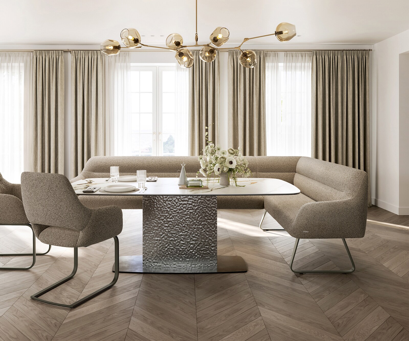 Eetkamerbank Taya-Flex 285x190 cm bouclé mud platte sledebasis afwerking met titaniumeffect pocketvering links 2