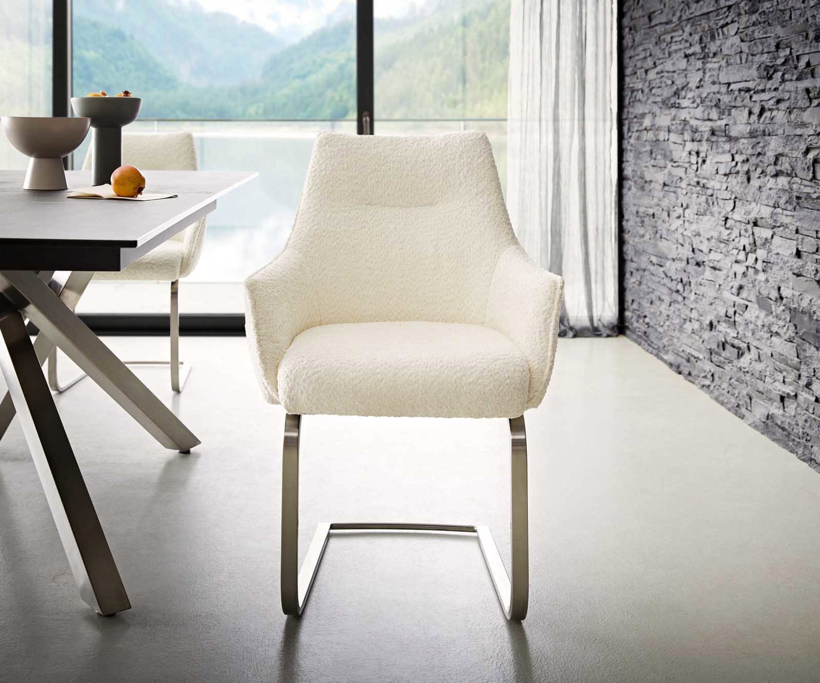 Sledemodel Alja-Flex met armleuning bouclé wit sledemodel vlak roestvrij staal pocketveer kern 1 Sledemodel Alja-Flex met armleuning bouclé wit sledemodel vlak roestvrij staal pocketveer kern 1