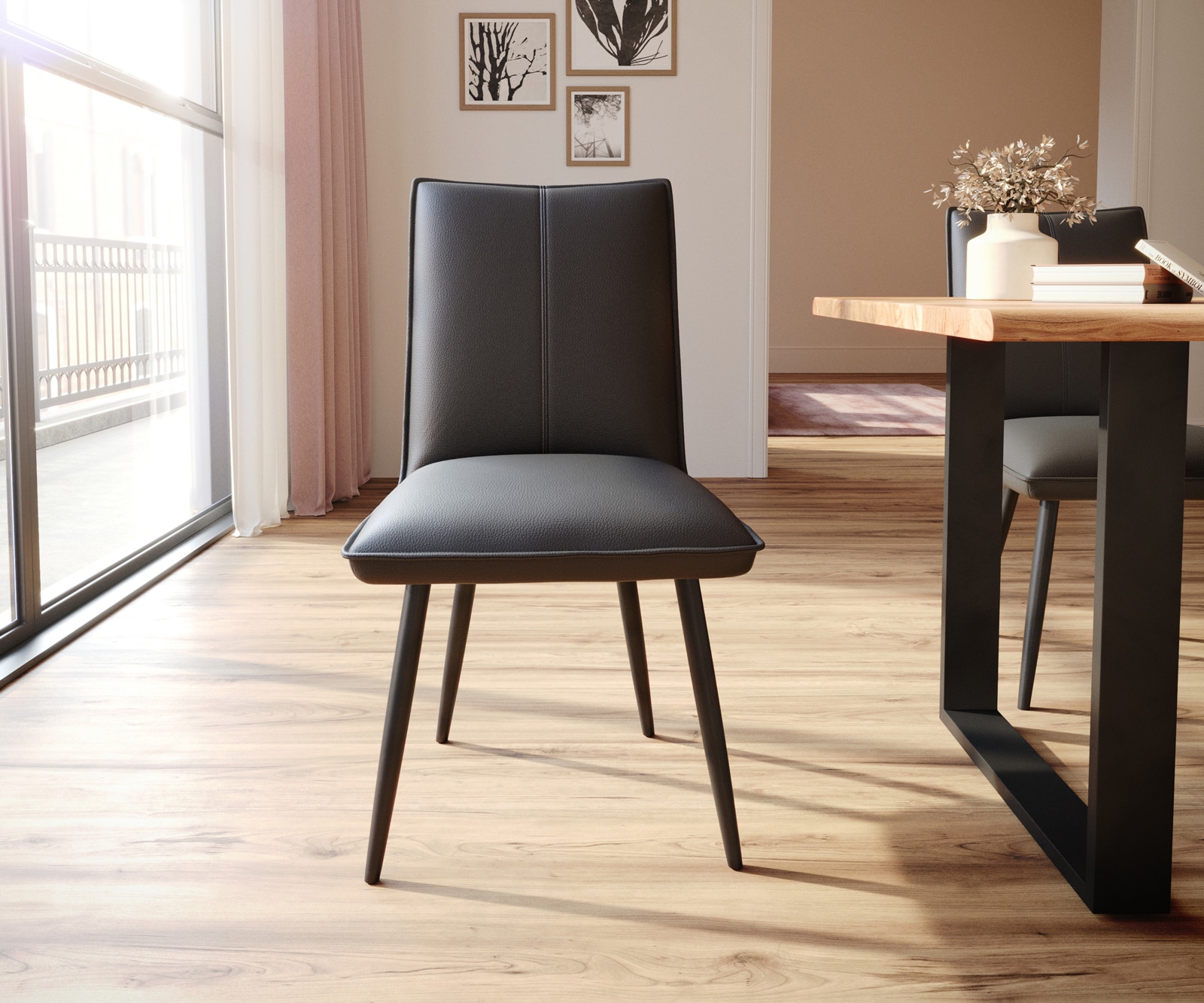 Eetkamerstoel Lelio-Flex echt leer zwart 4-poot conisch zwart pocketveer kern 1 Eetkamerstoel Lelio-Flex echt leer zwart 4-poot conisch zwart pocketveer kern 1