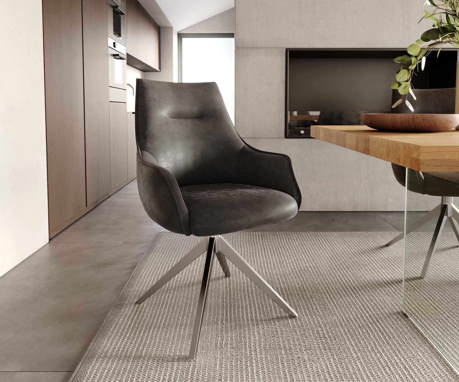 Draaistoel Alja-Flex met armleuning microvelours antraciet vintage kruisframe breed roestvrij staal 360° draaibaar pocketveer kern