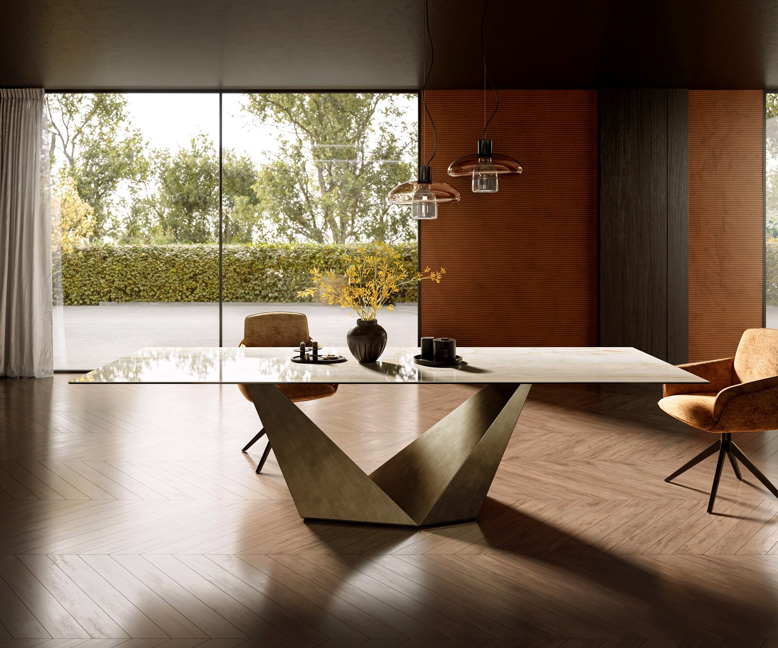 Eettafel Edge 300x100 keramiek  Laminam® Onice Oro ​Prisma metaal goud