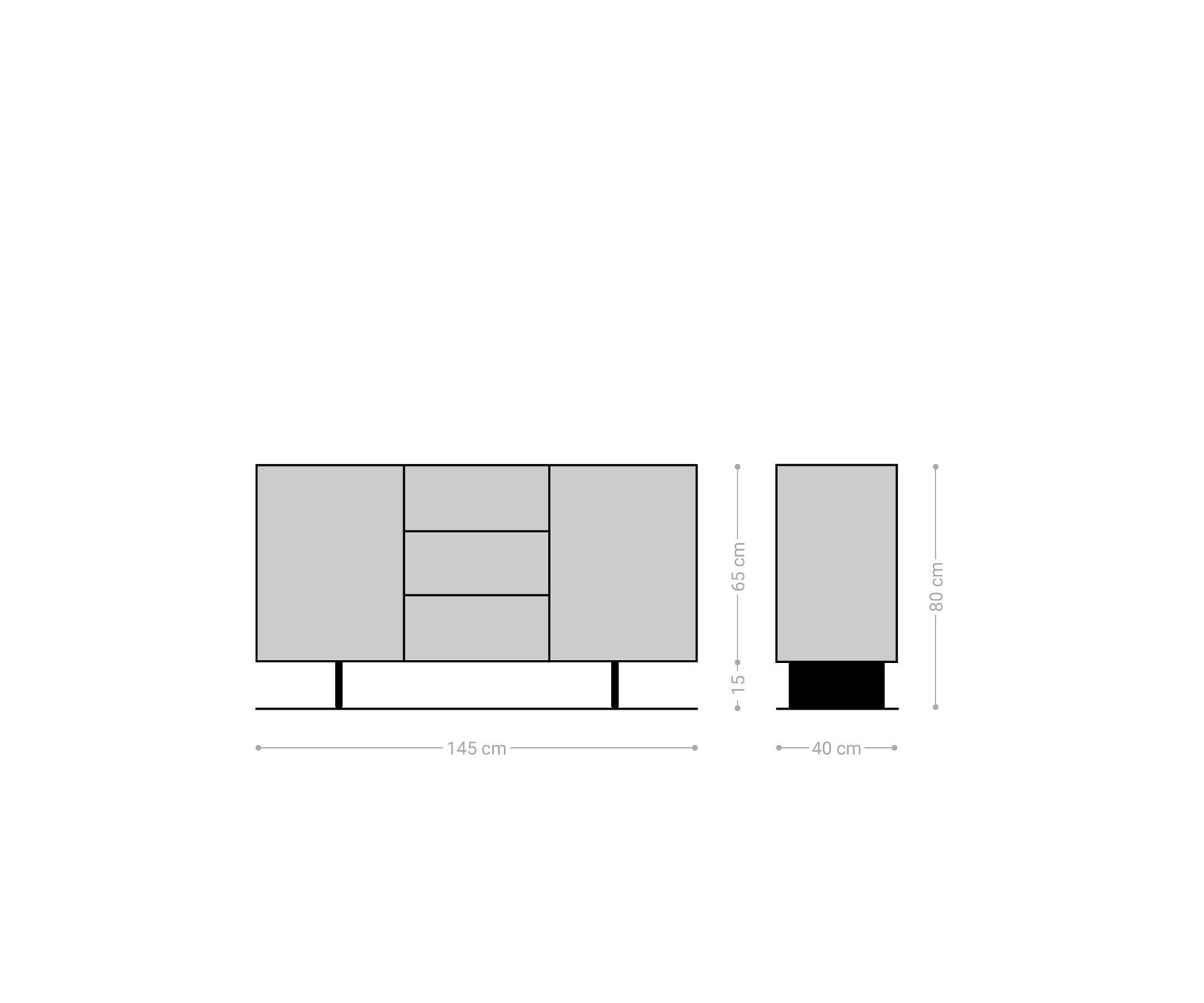 Dressoir Solu 145 cm acacia natuur 2 deuren 3 laden onderstel zwevend metaal zwart 3D-front 10