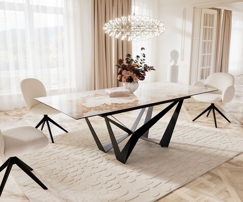 Eetkamertafel Edge 180-220x100 keramiek Minas Melange wit-beige spider vlak staal zwart uitschuifbaar