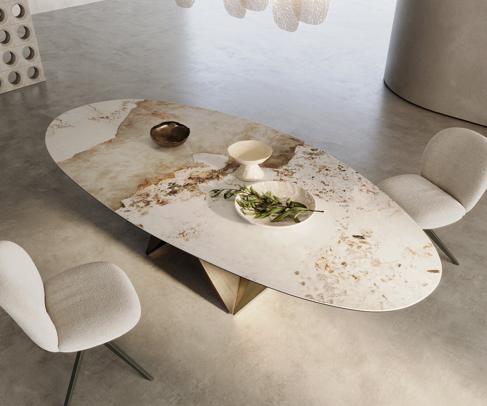 Eettafel Edge Oval 280x130 keramiek  Minas Melange wit-beige  Origami metaal goud 1
