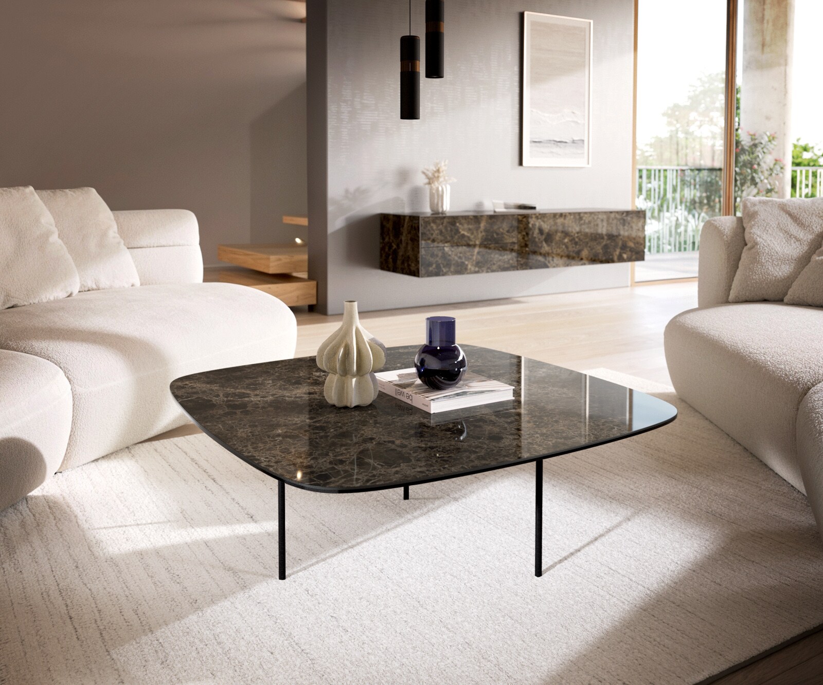 Salontafel Edge Boot 90x90 cm keramiek Laminam® Emperador Extra Lucidato donkerbruin Trive zwart metaal 1