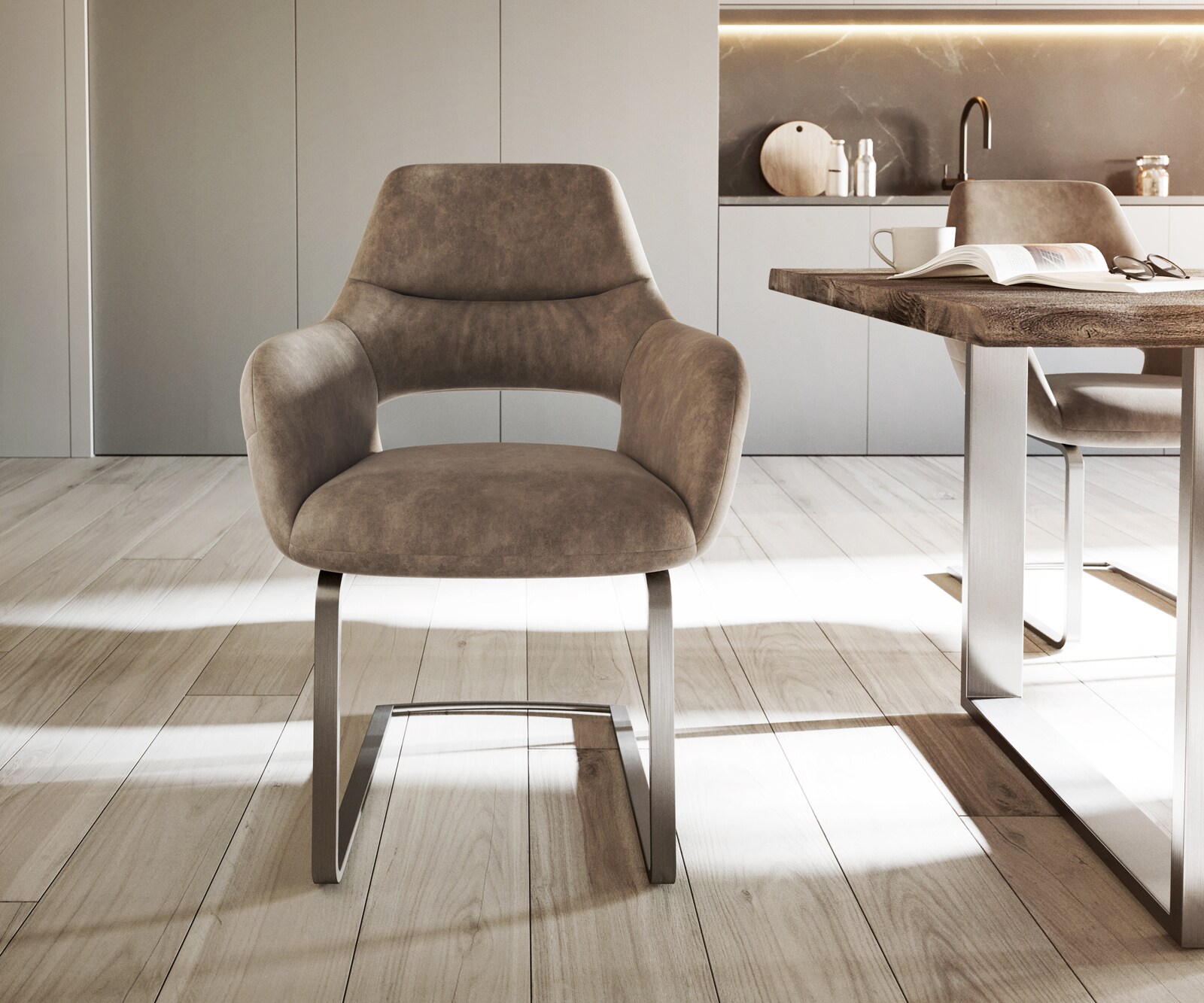 Sledemodel Yago-Flex met armleuning microvelours taupe vintage sledemodel vlak roestvrij staal pocketveer kern 2