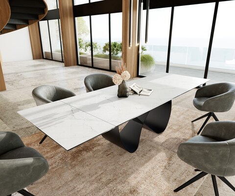 Eetkamertafel Edge 200-300x100 cm Keramiek Laminam®Statuarietto Wit Infinity Metaal Zwart uitschuifbaar