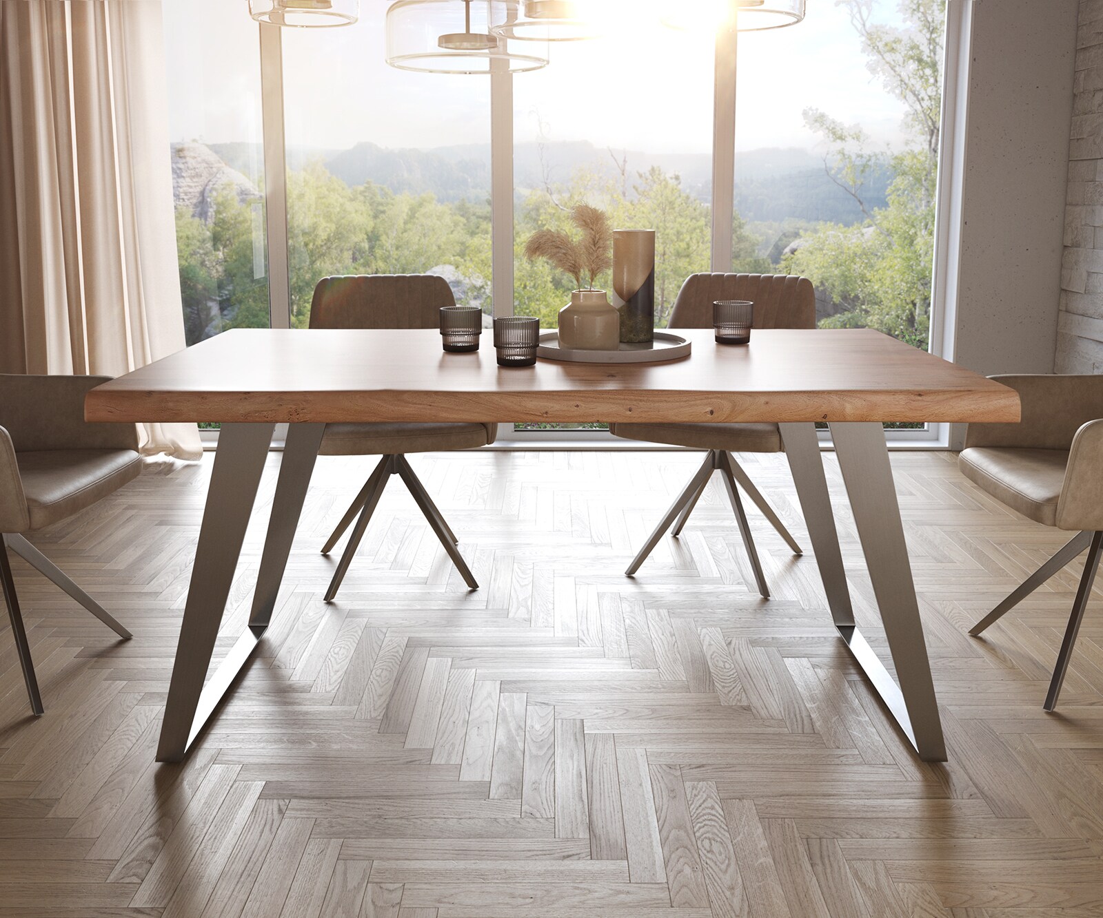 Eettafel Edge 160x90 XL acacia natuur roestvrij staal  schuin Live-Edge 1