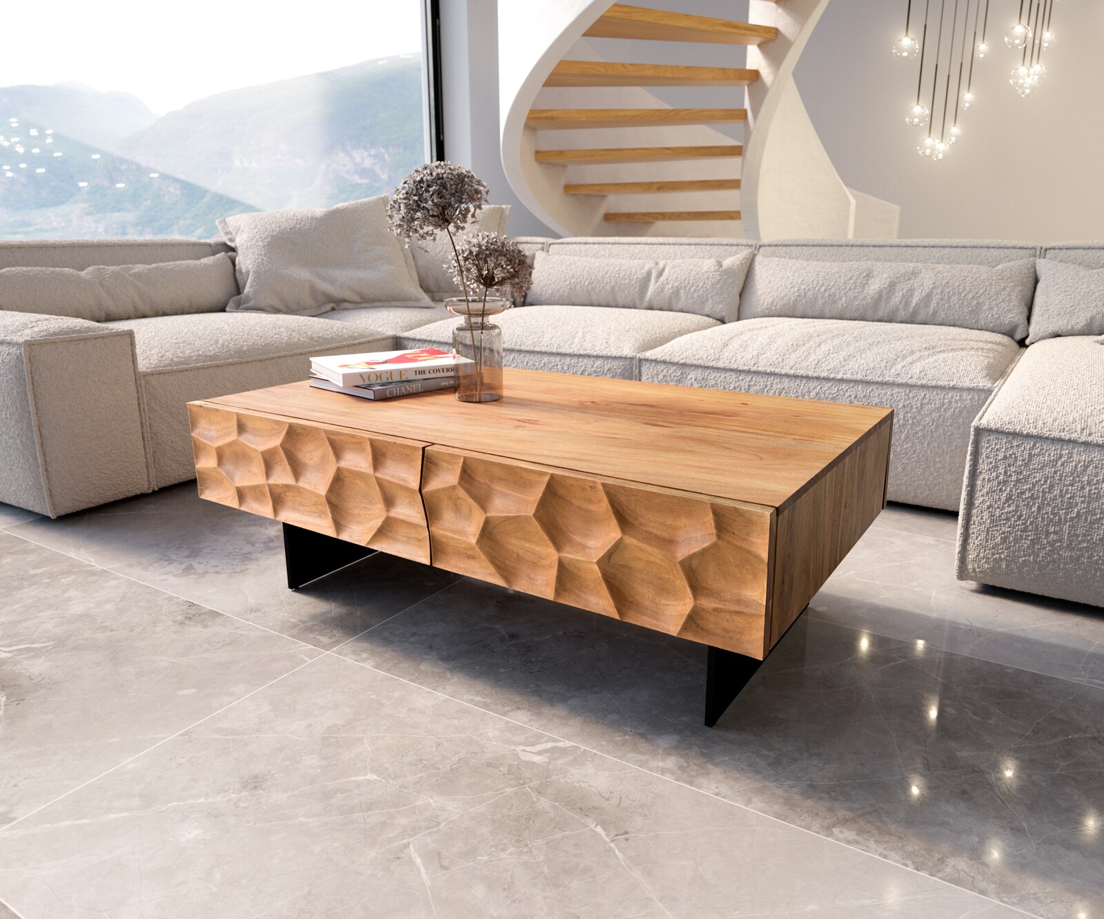 Salontafel Solu 120x70 cm natuur acacia 4 laden onderstel zwevend metaal zwart 3D front