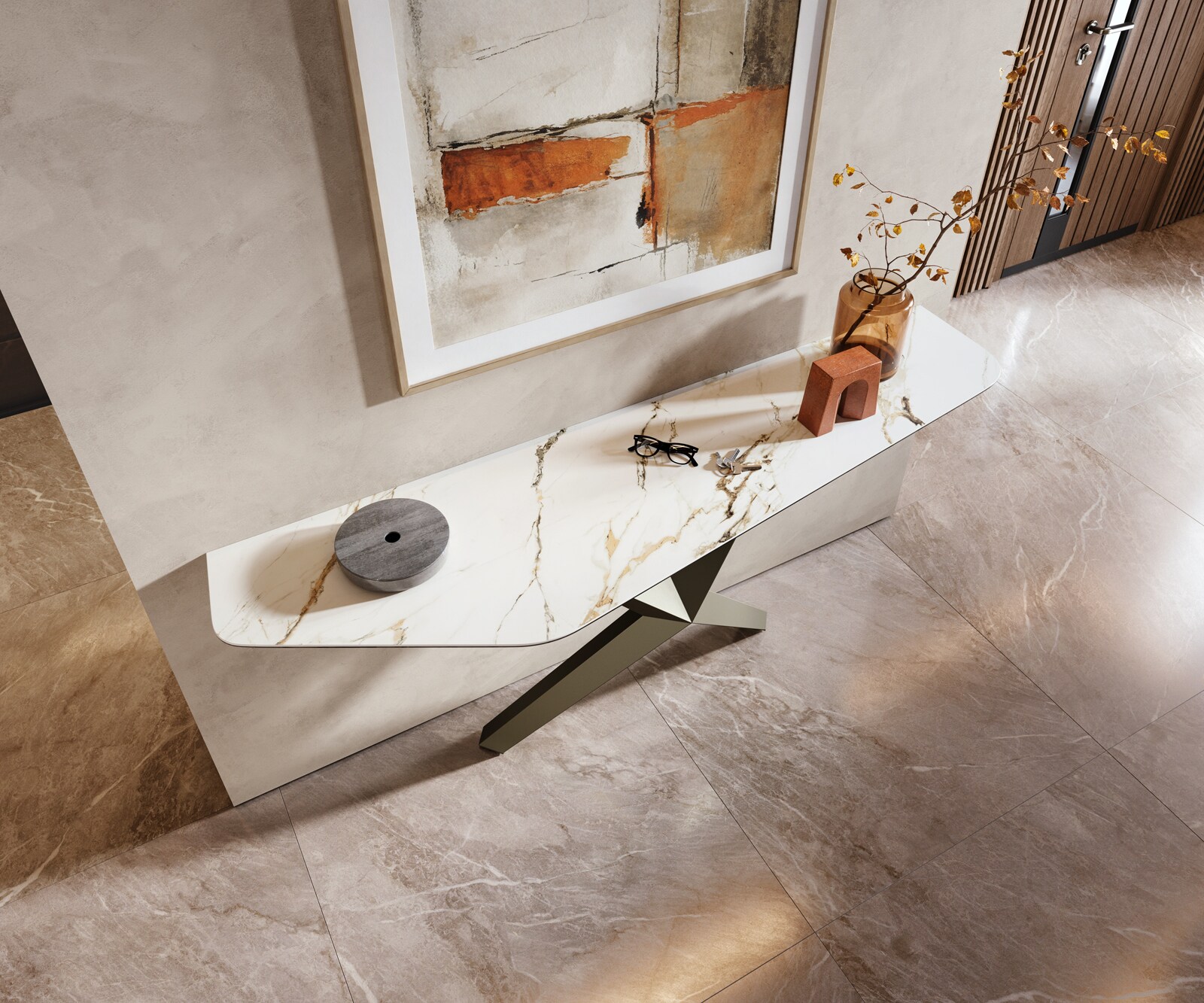 Consoletafel Edge Polygonaal 180x50 cm Keramiek Calacatta Luxe Weiß-Gold-Grijs Zentharo Metaal Effektfinish Titan 2